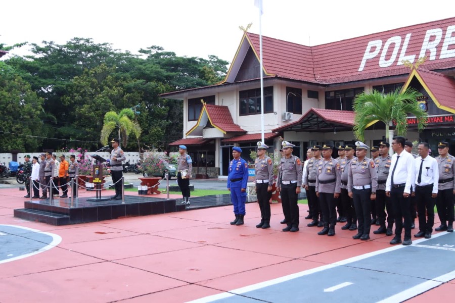 Kapolres Farouk Oktora Pimpin Apel Kesiapsiagaan, Inhil Siaga Hadapi Puncak Musim Hujan
