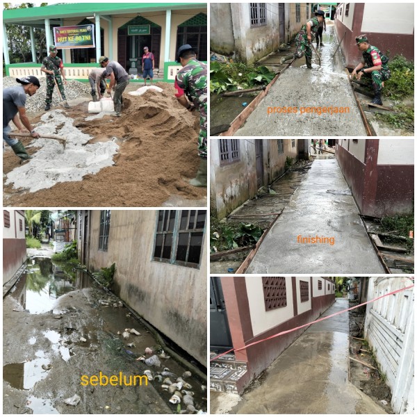 Pengecetan Surau  dan Semenisasi Jalan,Wujud Nyata Karya Bakti Teritorial Prima Kodim 0314/Inhil Jelang HUT TNI ke-80